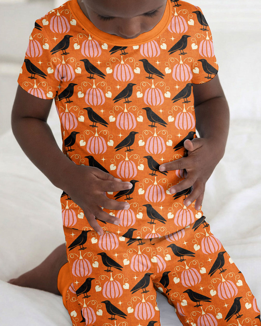 Ravens in a Pumpkin Patch - Orange Pink Bamboo Two Piece Short Sleeve Pajama Set
