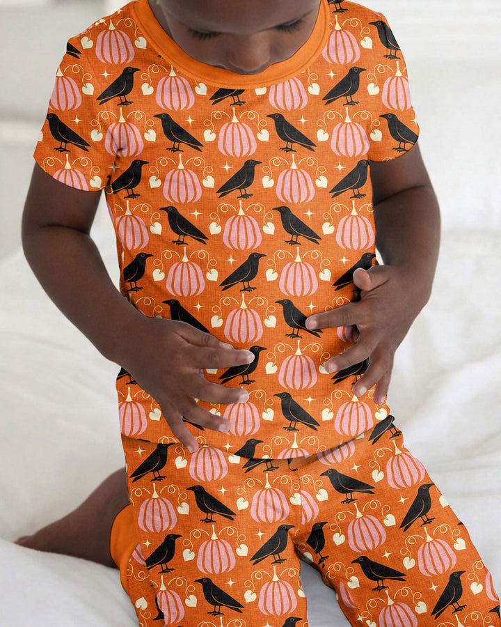 Ravens in a Pumpkin Patch - Orange Pink Bamboo Two Piece Short Sleeve Pajama Set