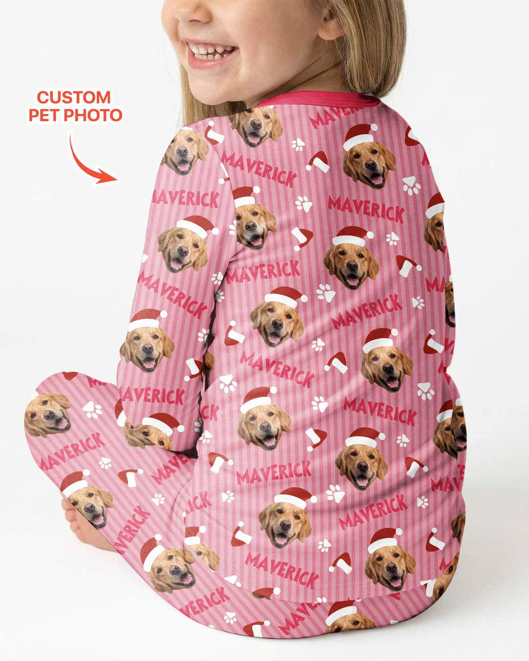 Custom Pet Photo Christmas Paws Stripe Bamboo Two Piece Long Sleeve Pajama Set