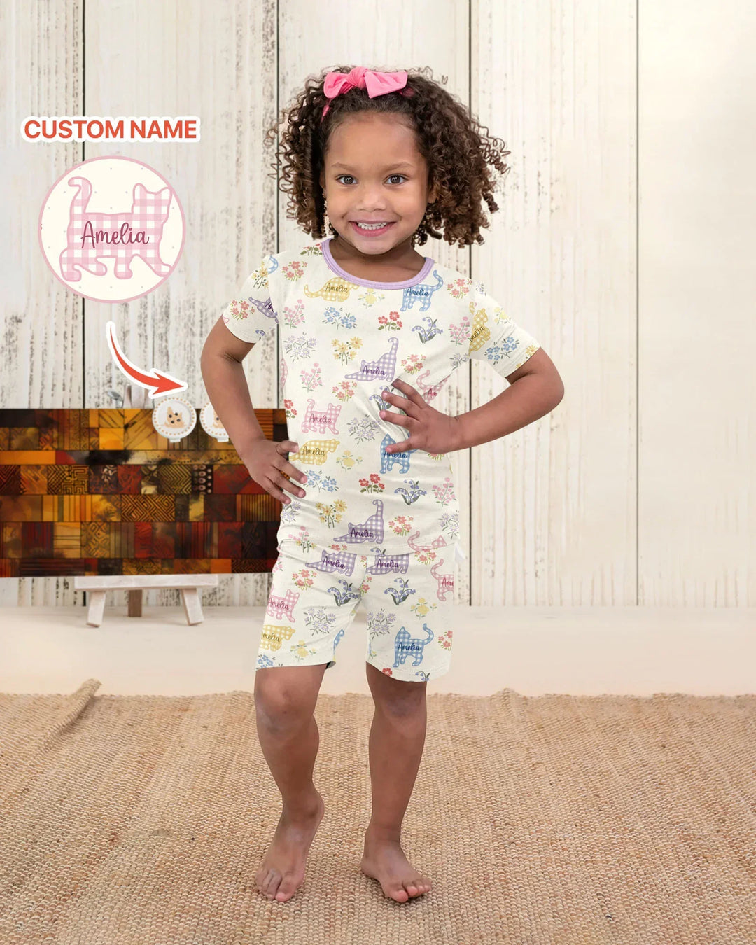 Gingham Cats Custom Name Bamboo Two Piece Short Sleeve Shorts Pajama Set