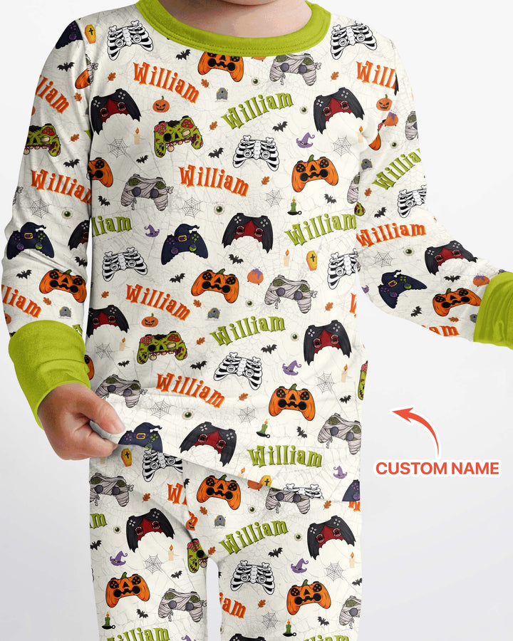 Custom Name Halloween Gaming Controllers Bamboo Two Piece Long Sleeve Pajama Set
