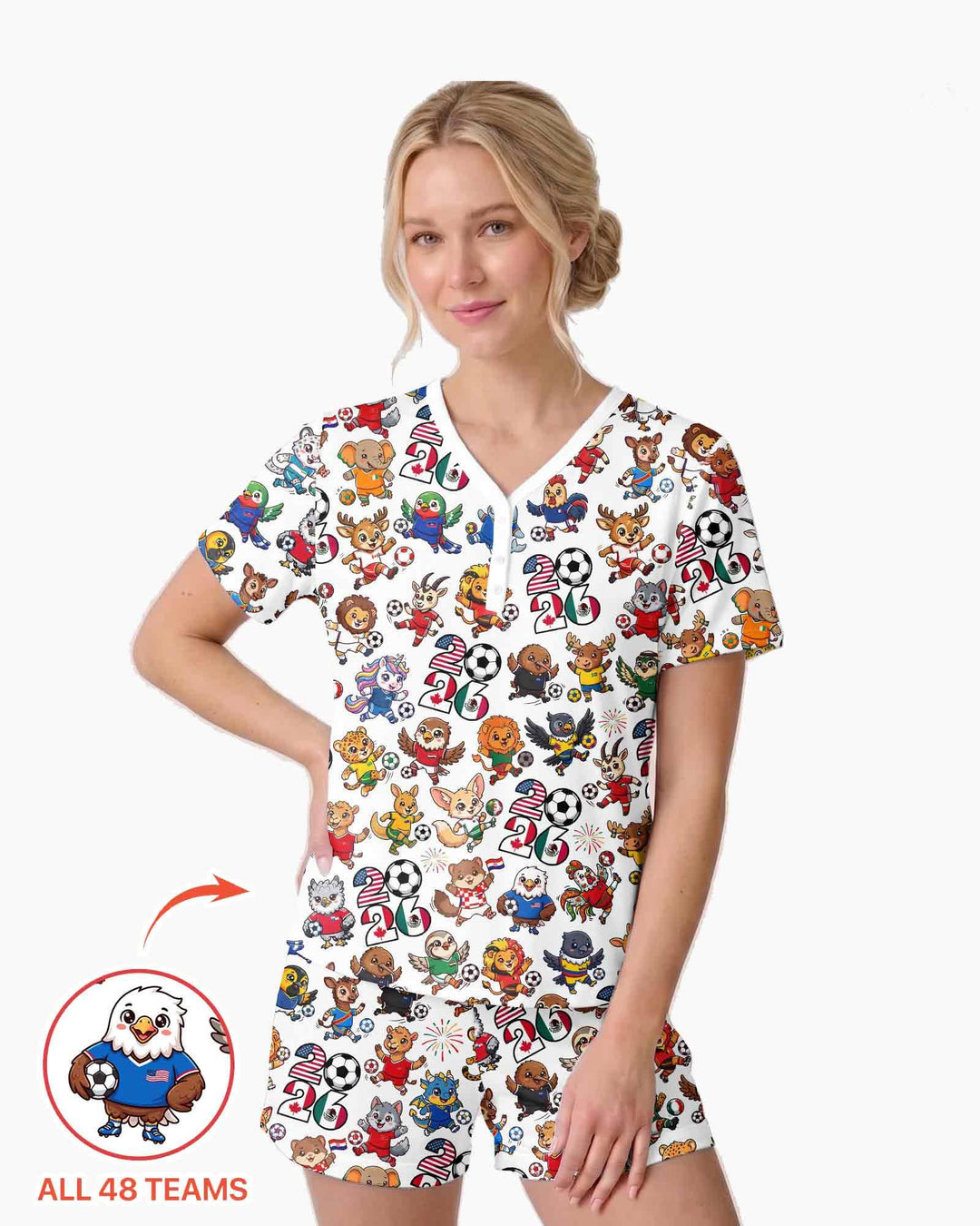 Kawaii Animals Soccer Tour 2026 Family Matching Bamboo Women Short Sleeve Short Pajama Set