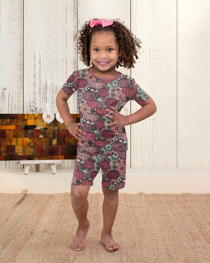 Retro Floral Pumpkin Patch Bamboo Two Piece Short Sleeve Shorts Pajama Set