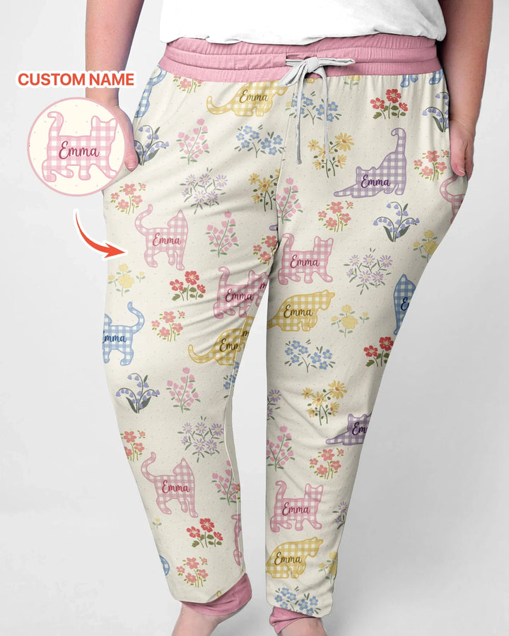 Gingham Cats Custom Name Bamboo Women Pajama Set