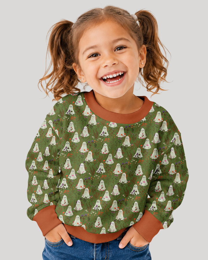 Cute Ghost Halloween Moss Green Floral Bamboo Crewneck Sweatshirt
