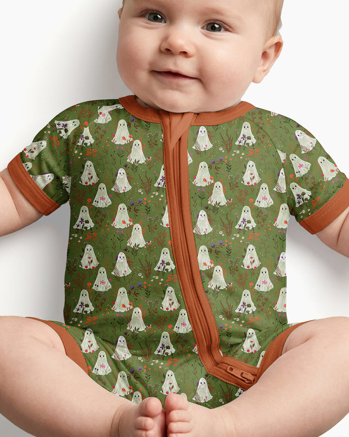 Cute Ghost Halloween Moss Green Floral Bamboo Shorty Zippy