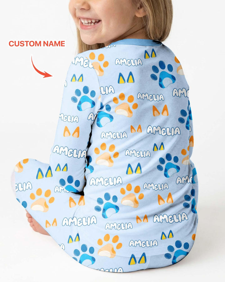 Custom Name Favourite Blue Dog Family Matching Bamboo Two Piece Long Sleeve Pajama Set