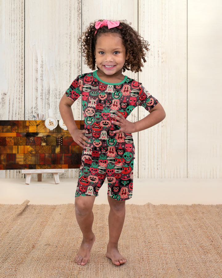 Retro Halloween Monsters Ghost Pumpkin Mummy Bamboo Two Piece Short Sleeve Shorts Pajama Set