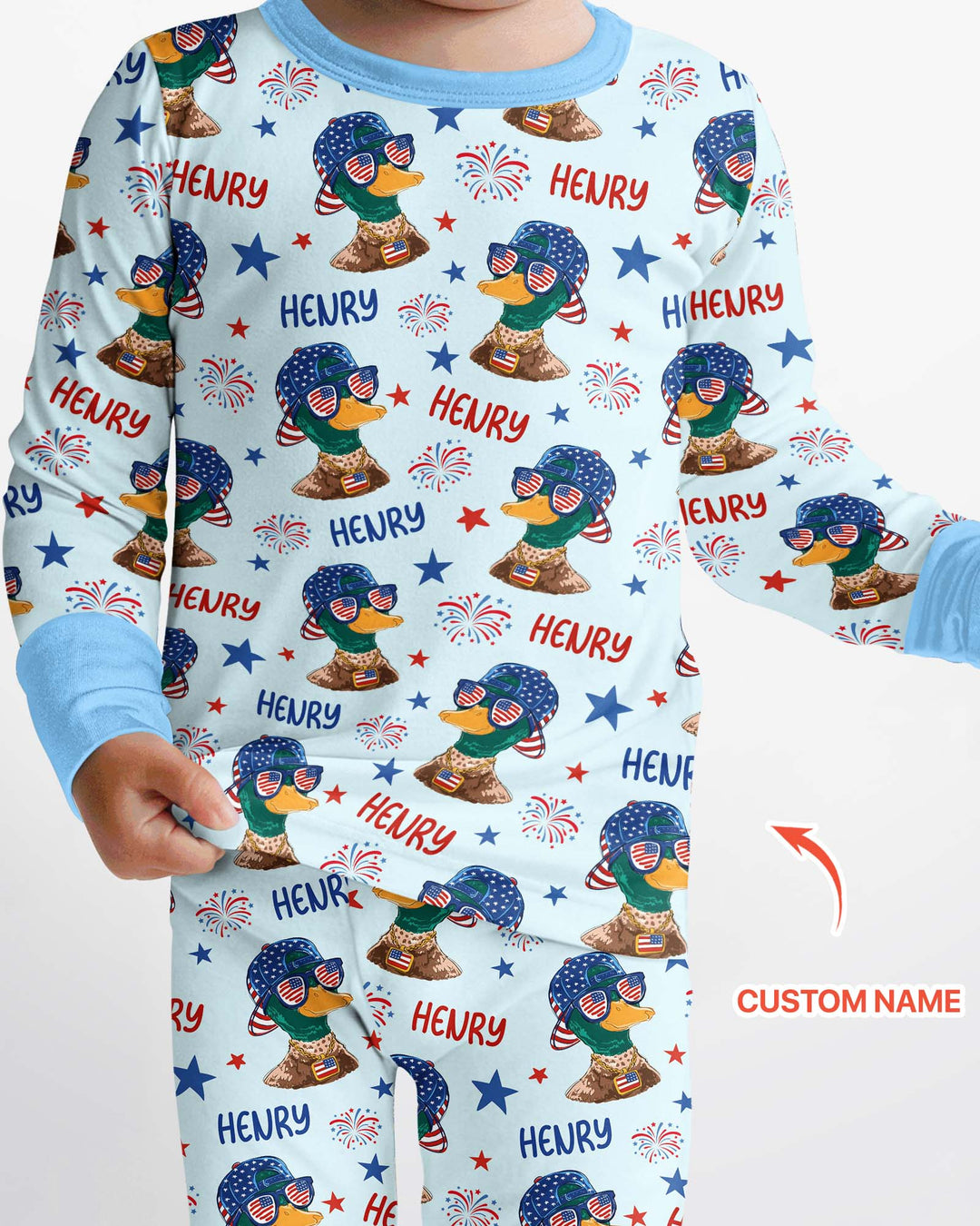 Custom Name Patriotic Mallard Duck Bamboo Two Piece Long Sleeve Pajama Set