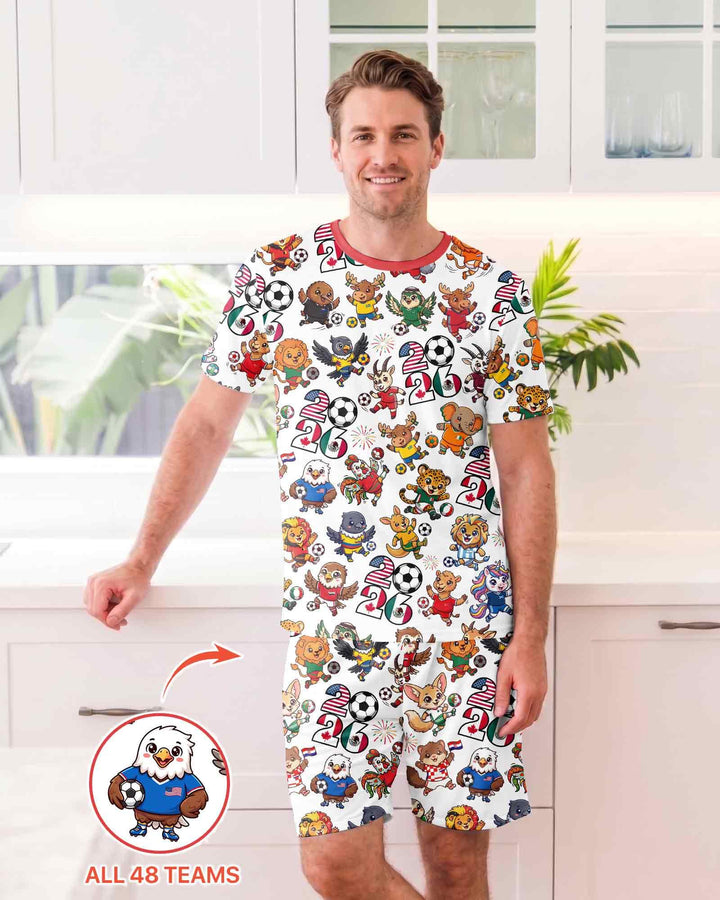 Kawaii Animals Soccer Tour 2026 Family Matching Bamboo Men Short Sleeve Short Pajama Set