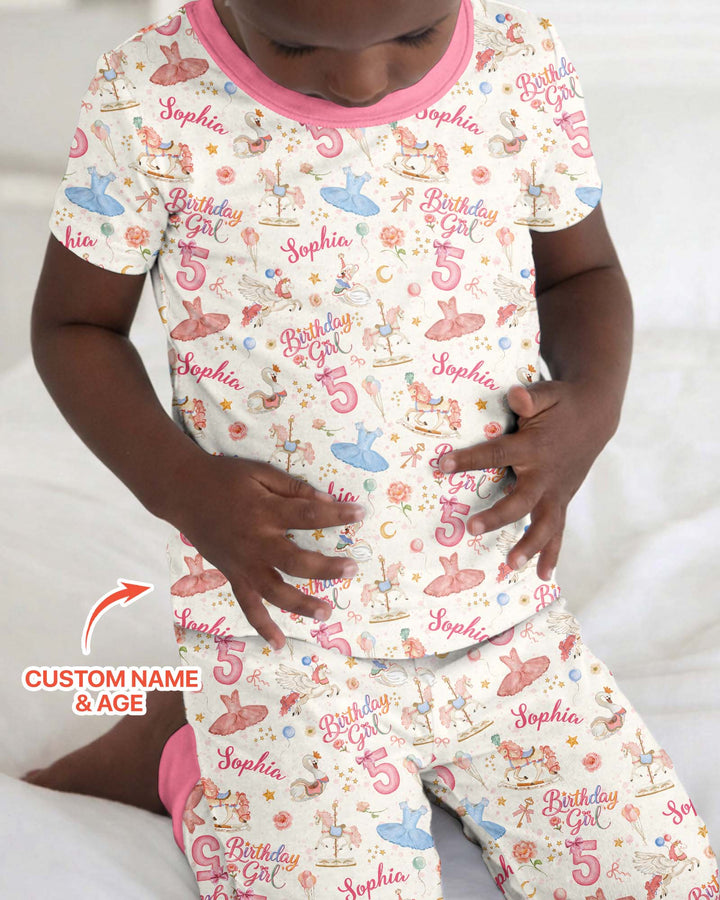 Ballerina Birthday Girl Custom Name & Age Bamboo Two Piece Short Sleeve Pajama Set