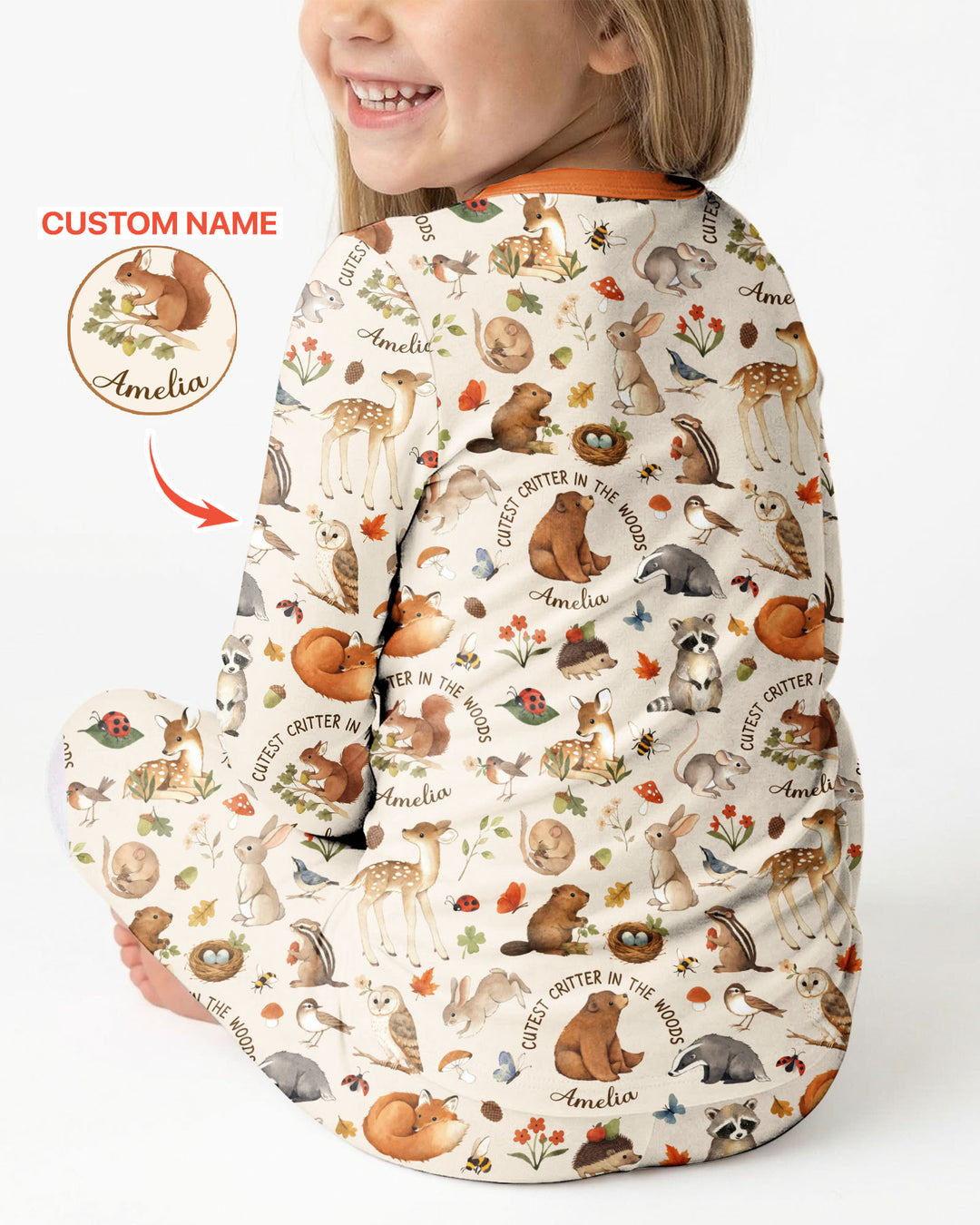 Cutest Critter In The Woods Custom Name Bamboo Two Piece Long Sleeve Pajama Set