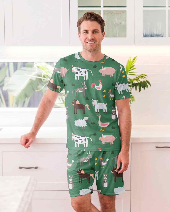 Green farm animals Bamboo Men Short Sleeve Short Pajama Set