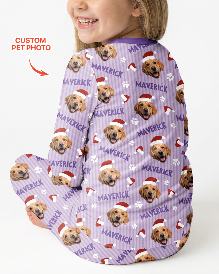 Custom Pet Photo Christmas Paws Stripe Bamboo Two Piece Long Sleeve Pajama Set