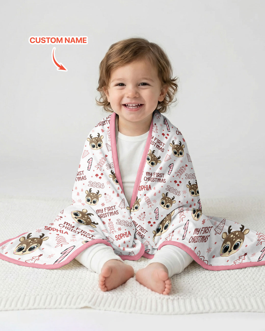Custom Name Cute Reindeer My First Christmas Bamboo Blanket