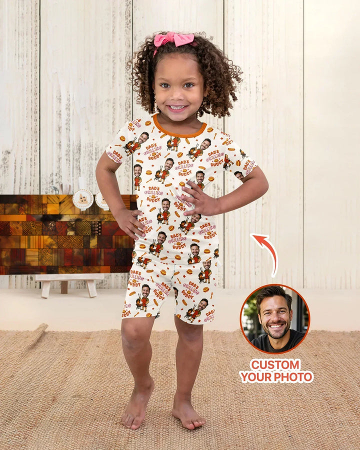 Custom Photo Dad's Grilling Buddy Family Matching Bamboo Two Piece Short Sleeve Shorts Pajama Set
