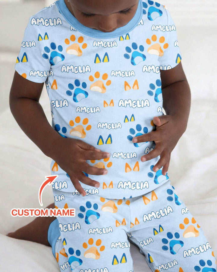 Custom Name Favourite Blue Dog Family Matching Bamboo Two Piece Short Sleeve Pajama Set