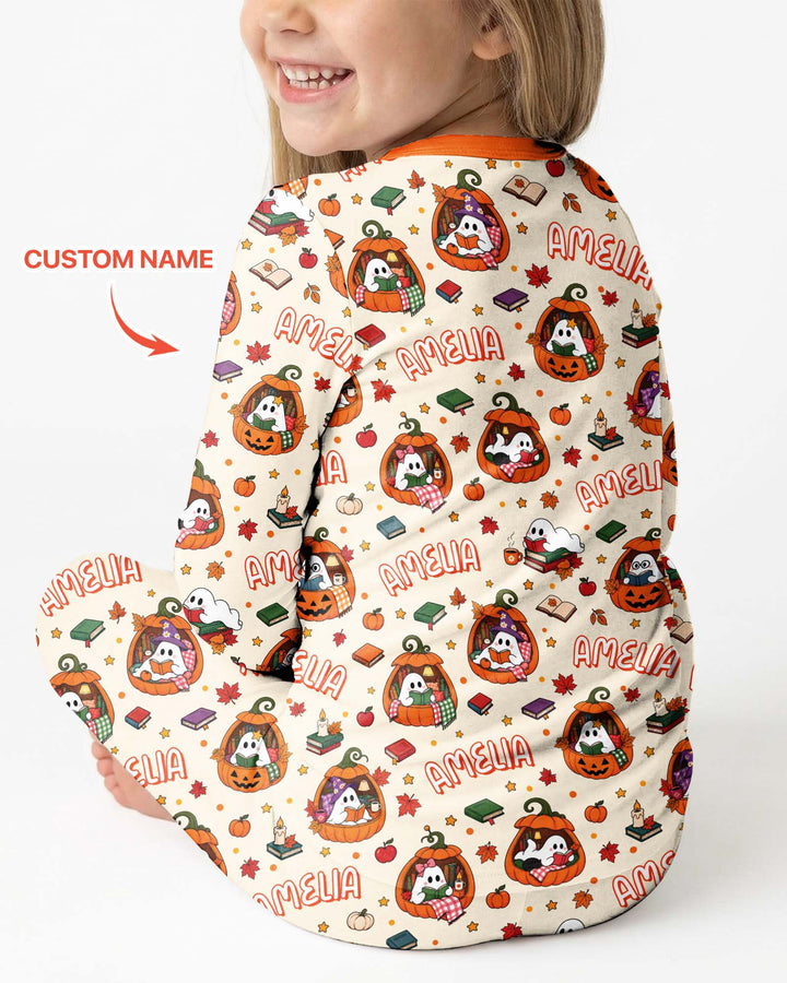 Bookish Ghost Halloween Custom Name Bamboo Two Piece Long Sleeve Pajama Set
