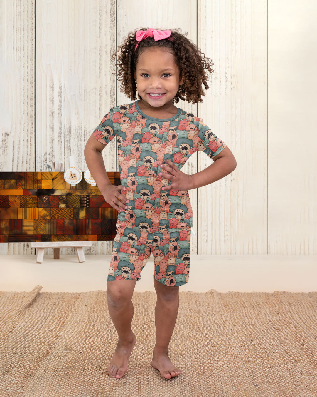 Cute Monster Crowd Bamboo Two Piece Short Sleeve Shorts Pajama Set