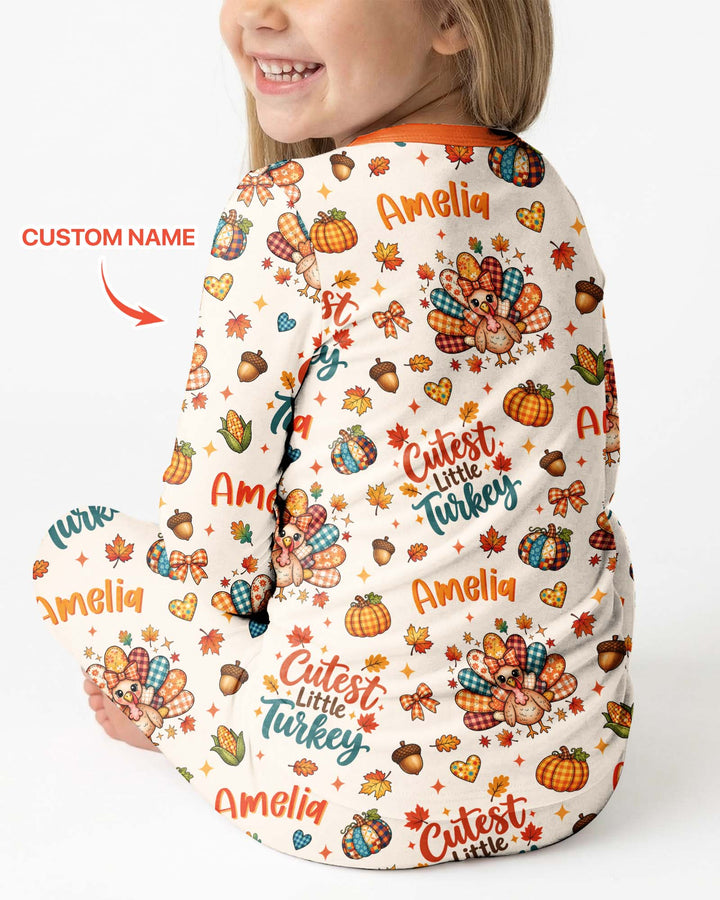 Custom Name Cutest Little Turkey Bamboo Two Piece Long Sleeve Pajama Set