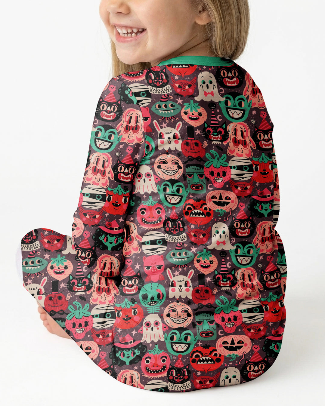 Retro Halloween Monsters Ghost Pumpkin Mummy Bamboo Two Piece Long Sleeve Pajama Set