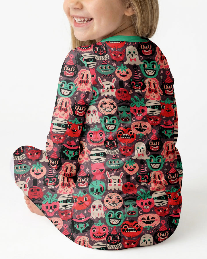 Retro Halloween Monsters Ghost Pumpkin Mummy Bamboo Two Piece Long Sleeve Pajama Set