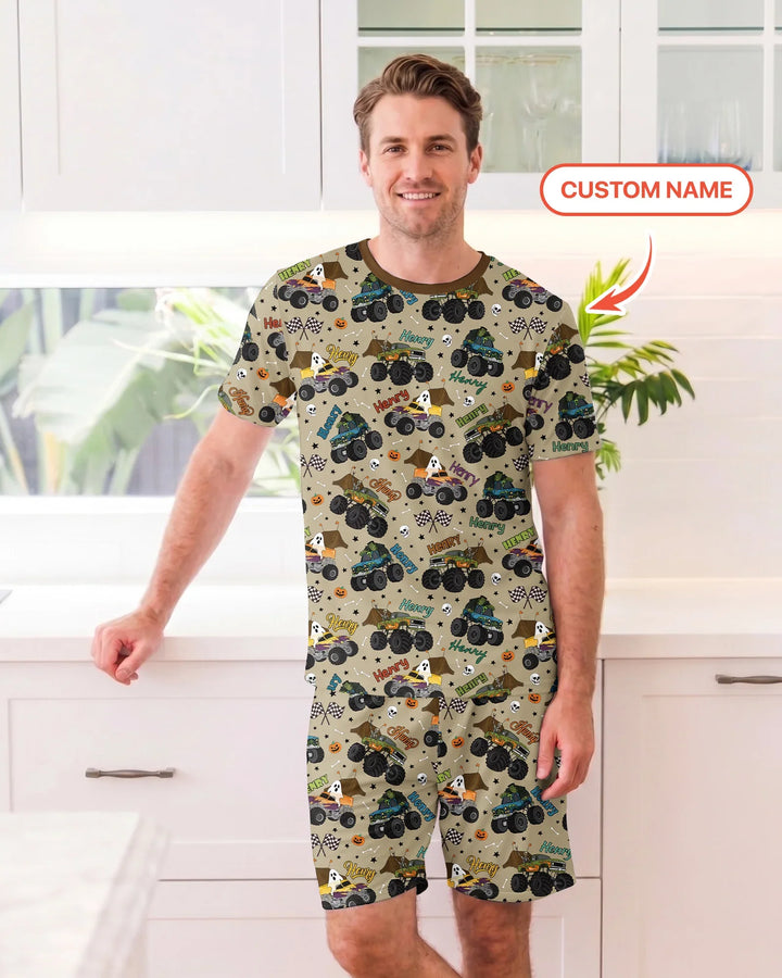 Custom Name Halloween Creepy Crusher Family Matching Bamboo Men Short Sleeve Short Pajama Set