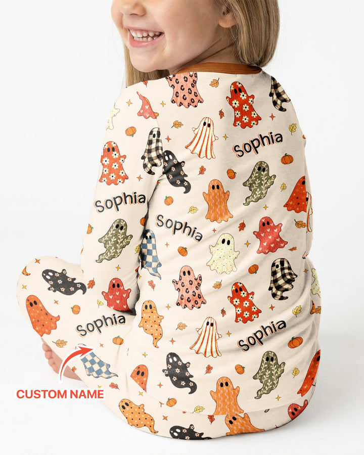 Custom Name Fall Ghost Bamboo Two Piece Long Sleeve Pajama Set
