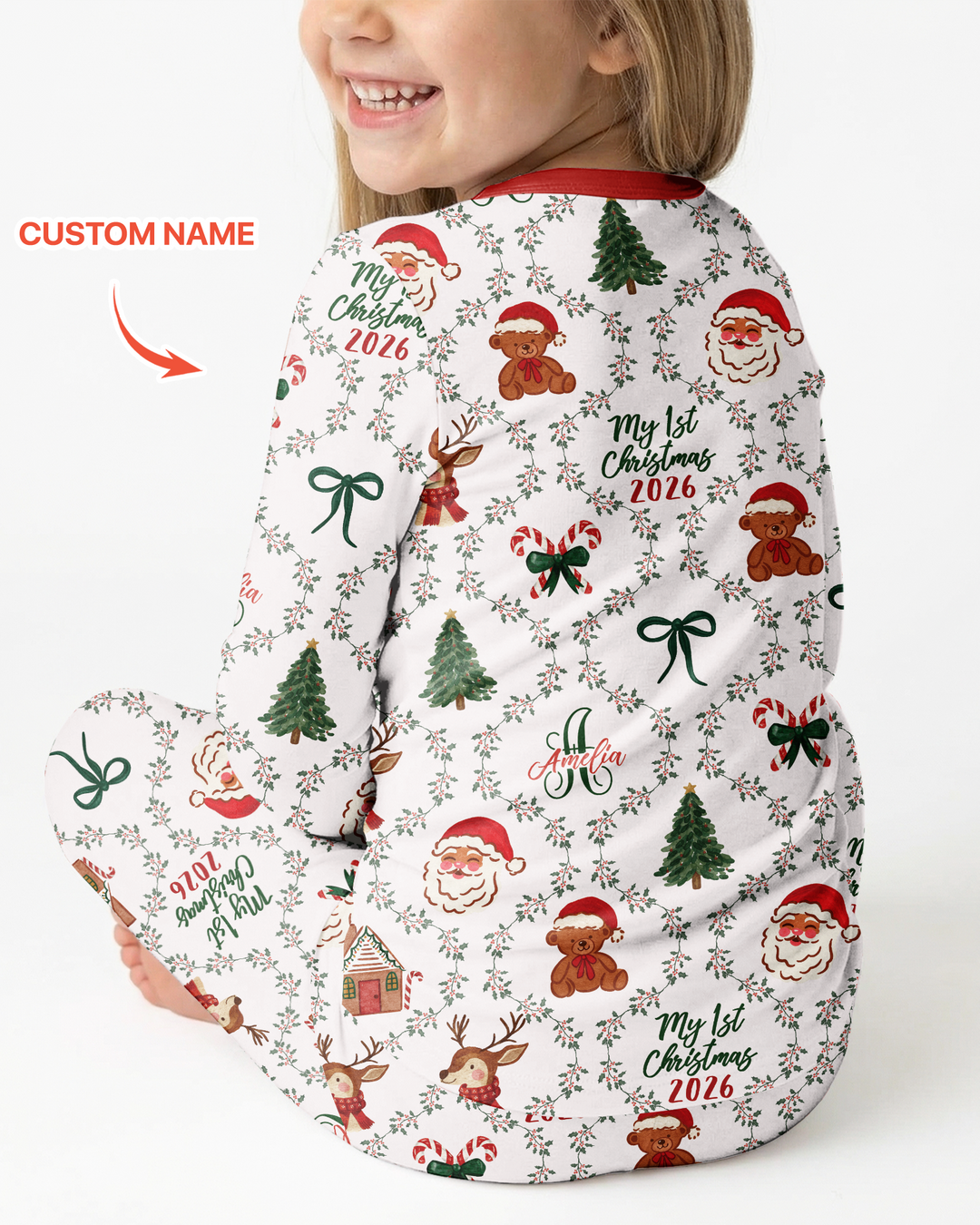 Custom name "Fancy Monogram Red Christmas 2026" Bamboo Two Piece Long Sleeve Pajama Set