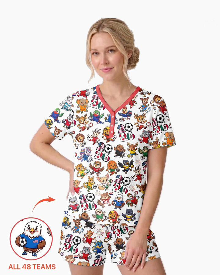 Kawaii Animals Soccer Tour 2026 Family Matching Bamboo Women Short Sleeve Short Pajama Set