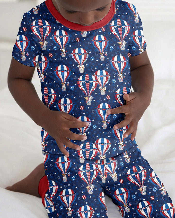 Patriotic Pups in Hot Air Balloons Family Matching Bamboo Two Piece Short Sleeve Pajama y)