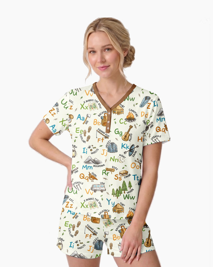 Adventure Alphabet ABCs Summer Camp Bamboo Women Short Sleeve Short Pajama Set
