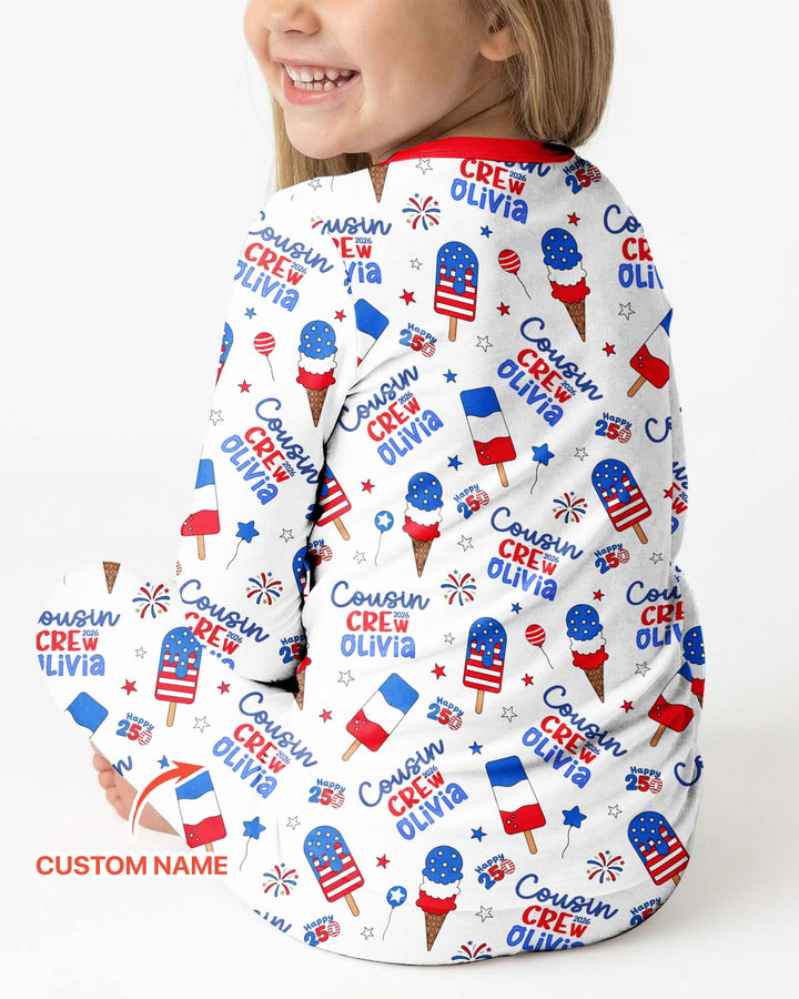 Custom Name 4th of July Cousin Crew Bamboo Two Piece Long Sleeve Pajama Set