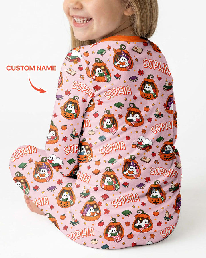 Bookish Ghost Halloween Custom Name Bamboo Two Piece Long Sleeve Pajama Set