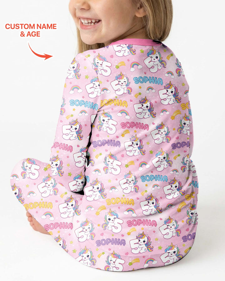 Custom Name Kawaii Unicorn Birthday Bamboo Two Piece Long Sleeve Pajama Set