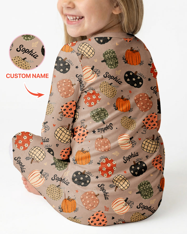 Custom Name Boho Pumpkin Bamboo Two Piece Long Sleeve Pajama Set