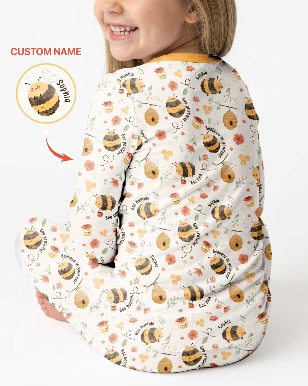 Bee Kind Custom Name Bamboo Two Piece Long Sleeve Pajama Set