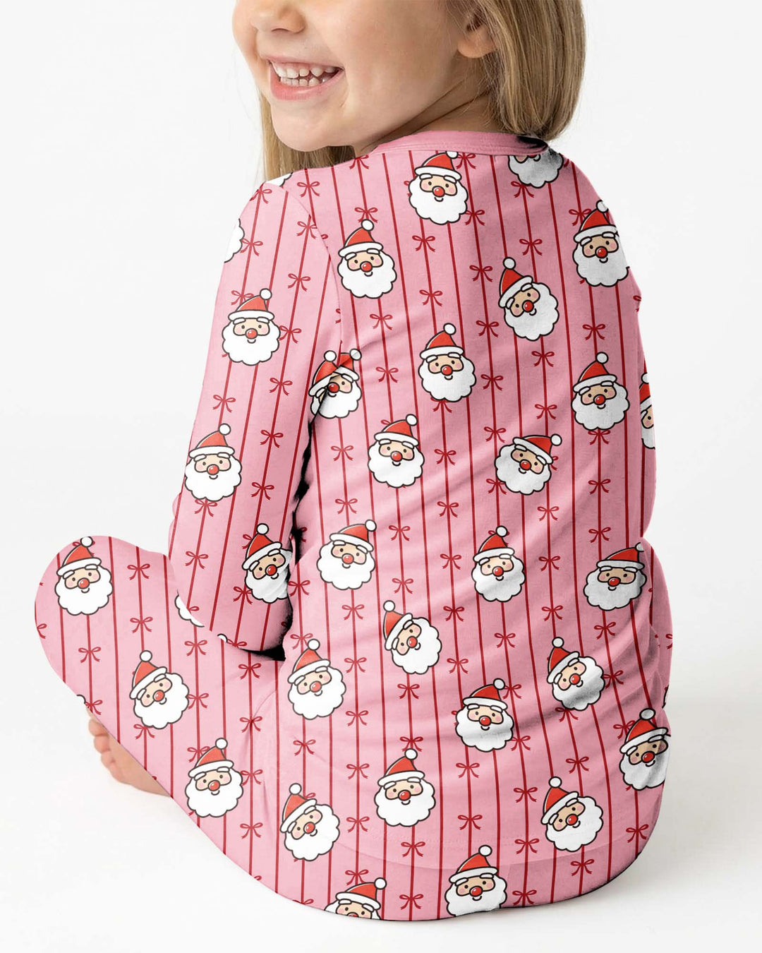 Pink Santa Bow Stripe Christmas Bamboo Two Piece Long Sleeve Pajama Set