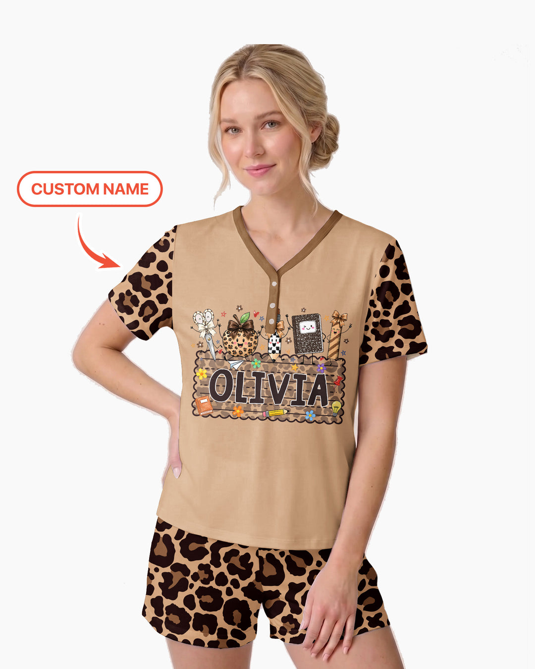 Custom Name School Sweetheart Leopard Bamboo Women Short Sleeve Short Pajama Set