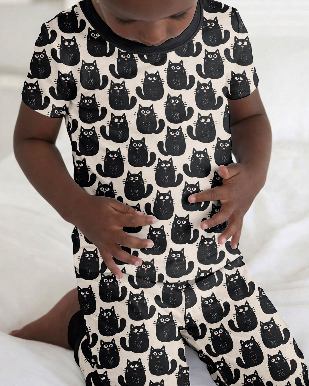 Moody Black Cats in Black and White Bamboo Two Piece Short Sleeve Pajama Set