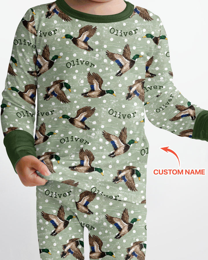 Custom Name Flying Mallard Duck Bamboo Two Piece Long Sleeve Pajama Set