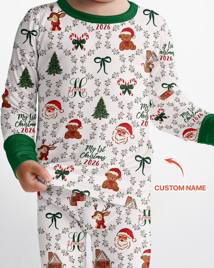 Custom name "Fancy Monogram Green Christmas 2026" Bamboo Two Piece Long Sleeve Pajama Set
