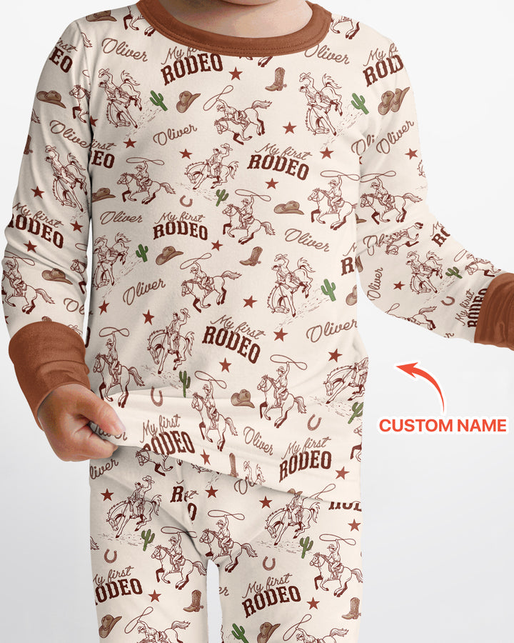 Custom Name First Rodeo Family Matching Bamboo Two Piece Long Sleeve Pajama Set