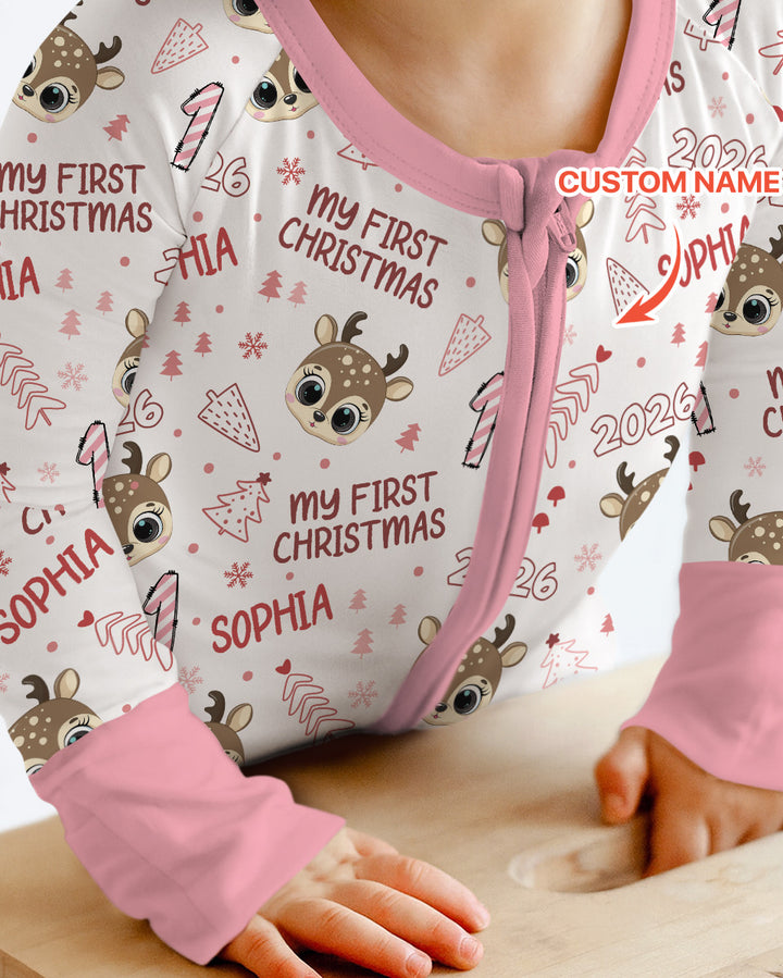 Custom Name Cute Reindeer My First Christmas Bamboo Convertible Zippy