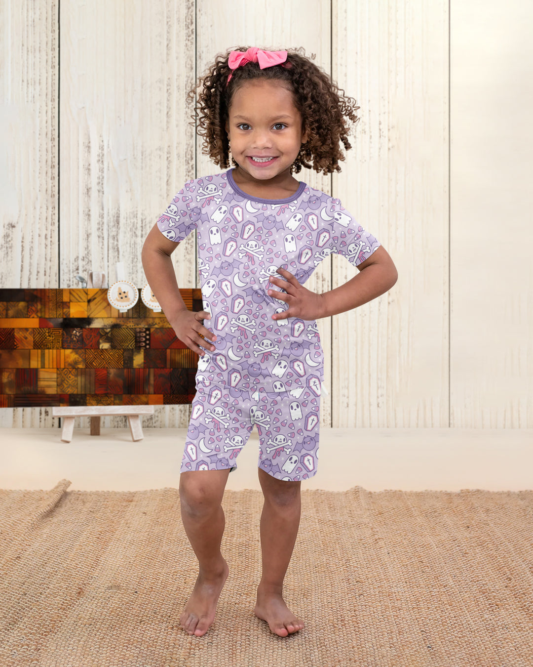 Cute Ghost Halloween Pastel Purple Spooky Bamboo Two Piece Short Sleeve Shorts Pajama Set