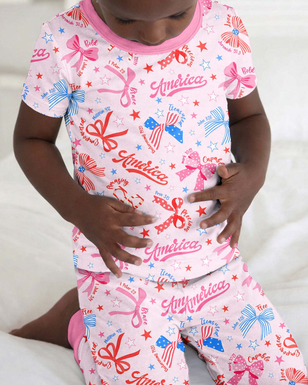 Pink Girly Patriotic Bamboo Two Piece Short Sleeve Pajama Set
