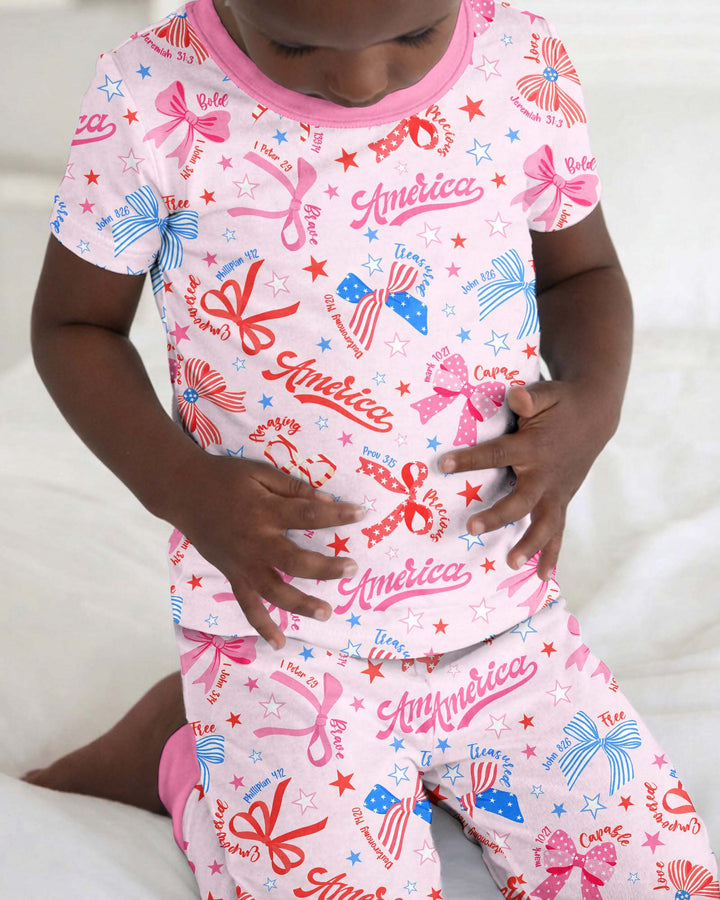 Pink Girly Patriotic Bamboo Two Piece Short Sleeve Pajama Set