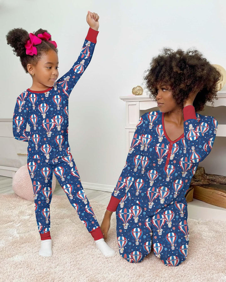 Patriotic Pups in Hot Air Balloons Family Matching Bamboo Two Piece Long Sleeve Pajama Set