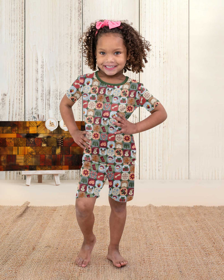 Christmas Felt Patchwork Bamboo Two Piece Short Sleeve Shorts Pajama Set