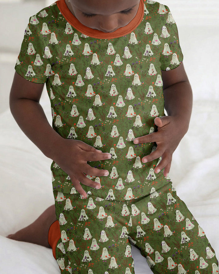Cute Ghost Halloween Moss Green Floral Bamboo Two Piece Short Sleeve Pajama Set